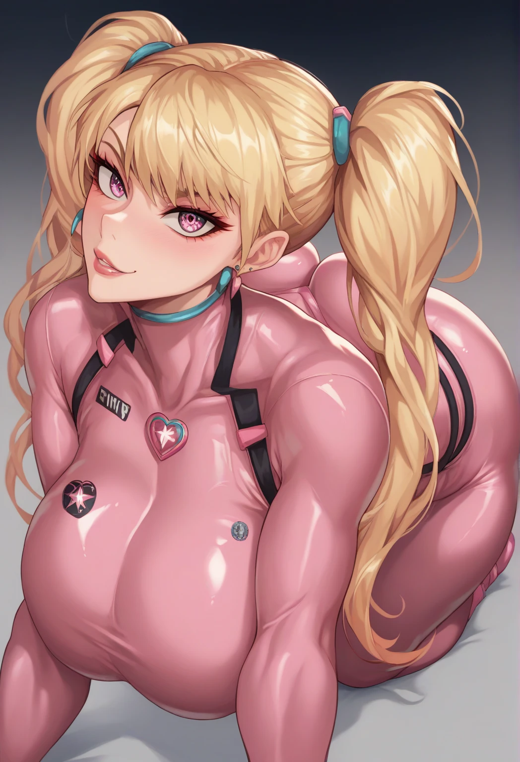 (((masterpiece))), (((best quality))), ((ultra-detailed)), (cinematic lighting), (illustration), (beautiful detailed eyes), (1girl), full body, looking at viewer, large breasts, bed, dakimakura \(medium\), blush, ((grabbing own breast)), open mouth, sexually suggestive, smug, smile, alice \(nikke\), (pink latex bodysuit:1.3), animal ear headphones, shiny clothes, twintails,spread legs