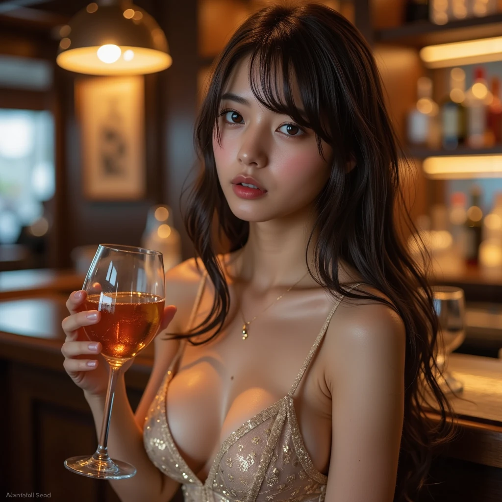 (Masterpiece, BestQuality:1.3), (ultra detailed:1.2), (hyperrealistic:1.3), (RAW photo:1.2),High detail RAW color photo, professional photograph, (Photorealistic:1.4), (realistic:1.4), ,professional lighting, (japanese), beautiful face, (realistic face), cute woman, (Big Tits:1.5), (cheerful Smile:1.5), Trending Hair&Trending Hairカラーをランダムに, earrings, necklace, bracelet, sexy, erotic sexy, Random sexy gravure poses, (A sexy beauty in a pink cocktail dress is smiling while enjoying a drink at a bar。Her brown semi-long hair is beautiful.。:1.3)