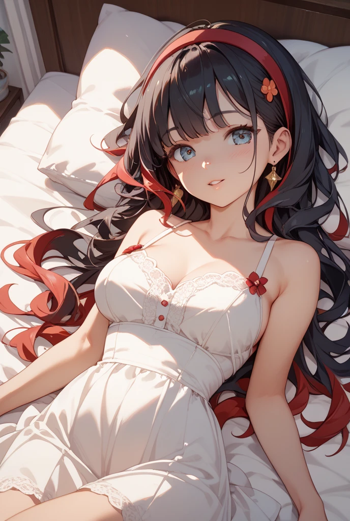 One beautiful woman、(Wearing red sexy lingerie:1.2、valley、Thighs)、Hot and beautiful posing model, Full Body、Curly black hair, Dark blue eyes, Sensual look、Indoors at night、Lying on the bed、Background Blur、(highest quality、masterpiece、High resolution、detailed)、anime style、Flat Style、(Beautiful Eyes, Delicate and beautiful face、Glowing Skin),  BREAK,extremely detailed、Cinematic lighting、High saturation,floating、Dynamic Angle、anime