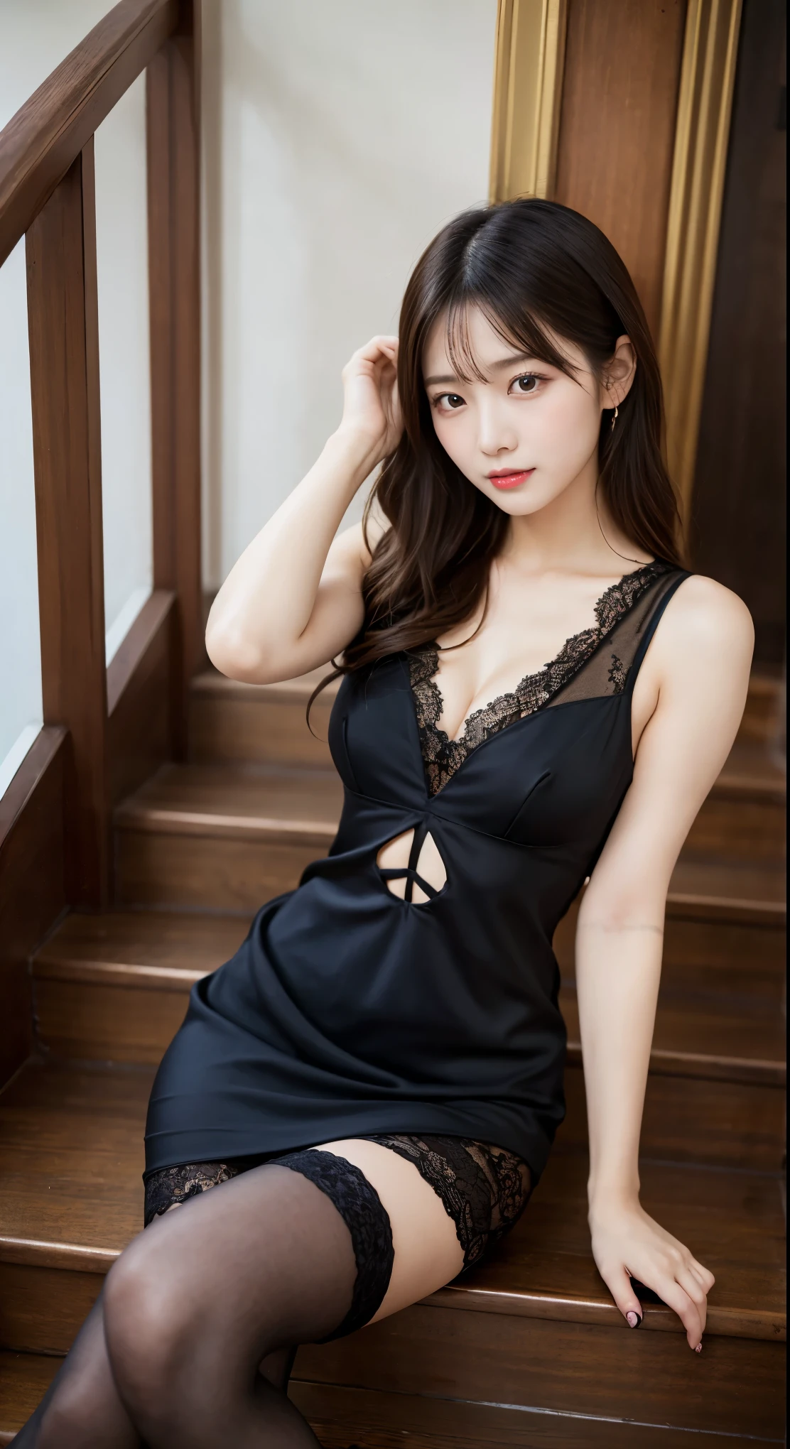 20-year-old sexy model, Mix 4, Black lace dress, Deep V-neck, high waist, nice belt, medium sized breasts, thin legs, best quality, ultra high resolution, lighting perfect, Smile, on the bed