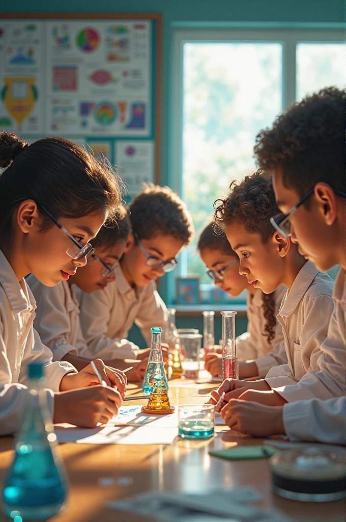 12-year-old children in dark blue uniforms, Colombians in a laboratory