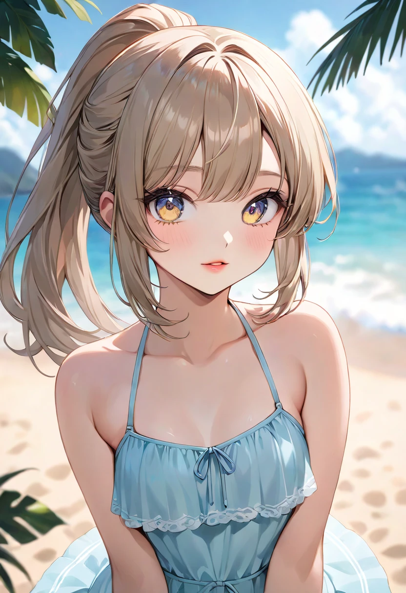 ((highest quality)), ((masterpiece)), (Very detailed), (Very high resolution), ((Realistic)), 8k, Perfect Line Drawing, Beautiful line art,
Anime 2D Rendering, (The best CG), Ultra-detailed art,
One Girl:1.5,
Symmetrical facial features:1.4, Perfect Face, Beautiful clavicle, Beautiful fingers, Beautiful breasts, (Slightly smaller chest),
Beautiful body, Beautiful thighs, Beautiful feet, Perfect round butt, (Detailed skin), (Shiny skin:1.2, Beautiful white skin:1.4),
BREAK Baby Face, cute, 18-year-old,
Double eyelids, Natural eyebrows,
(Expression of fine eyes, Beautiful and delicate eyes, twinkle in the eyes, blue eyes),
Glossy mouth,
Beautiful Hair, Shiny Hair, Hair fluttering, (Blonde, (Long hair that curls outwards)),
BREAK
(Black camisole:1.4)、(Denim skinny pants), sneakers, Earrings、Silver Necklace、
BREAK
(Enchanting、Embarrassed expression、smile、Blushing), (Cowboy Shot), (Are standing、Turn your face towards me、Look up here、Top view)、sunlight, ((blue sky, coastal))