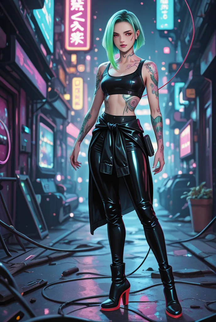 cyberpunk, woman,  tattoos:1.4, fashion, weapon, character adorned with cybernetic enhancements, skinny, frail,  leather vest, boots, science fiction, vivid, sharp, neon,short blonde hair,side view shot,(highly detailed masterpiece Realistic extremely hyper aesthetic trending on artstation),Vibrant fantasy detailed epic heroic Ethereal Lighting, top of sky scraper, Phase One XF IQ4 150MP,A lack of clear and concise safety procedures in place for different tasks  <lora:cyberpunk_v4-000003:.5>