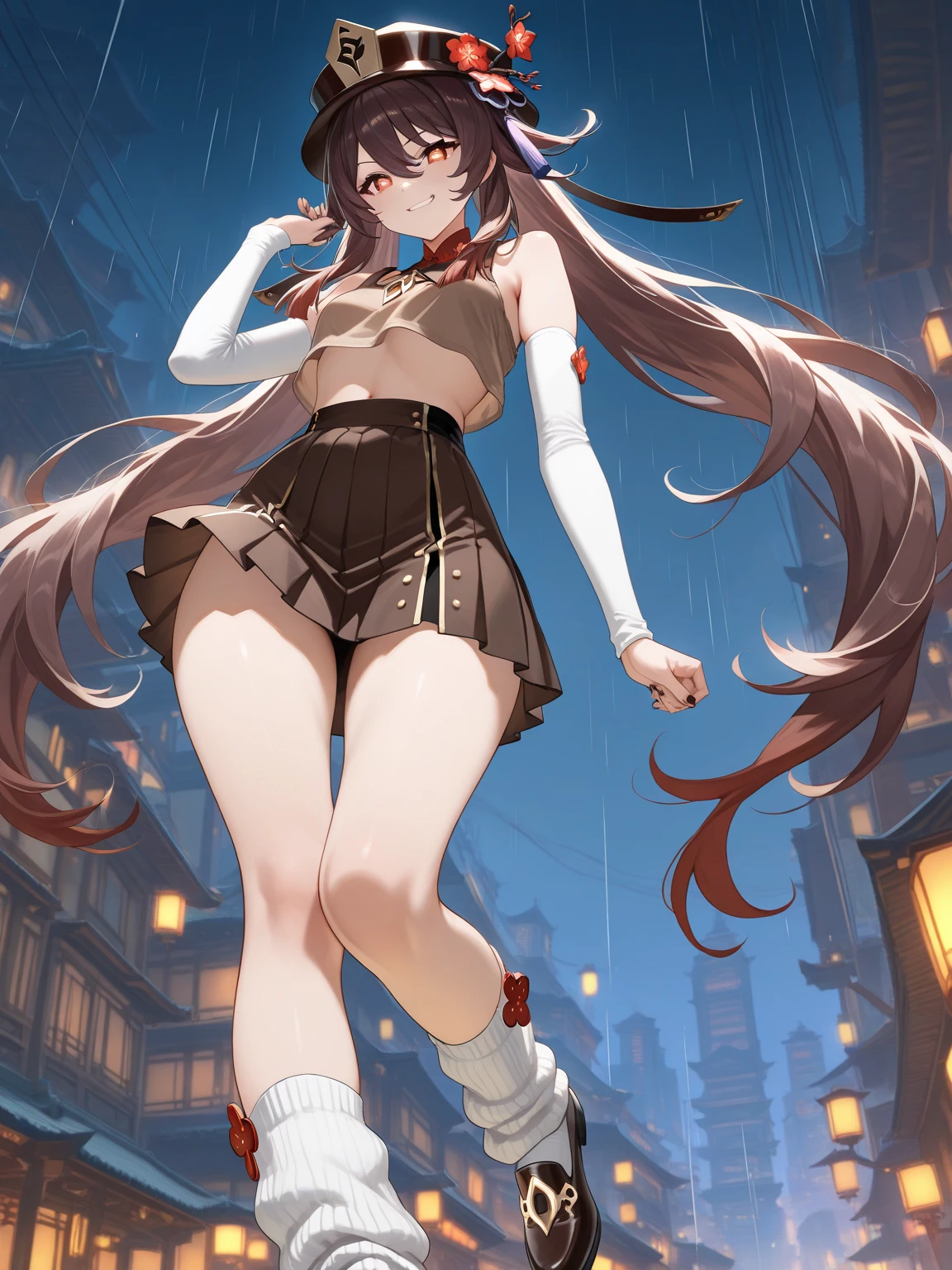 (Best quality, masterpiece: 1.3), 1 girl, rainy day, fog, alley, umbrella, looking at the audience, facing photos, cyberpunk city, alone in an alley, neon lights in an alley, very reflective city, long hair, hair of size through an alley, bar, japan, tokyo, garter belt on one leg, knee pads on the other leg, perfect hands, sophisticated, night, dress, shorts,