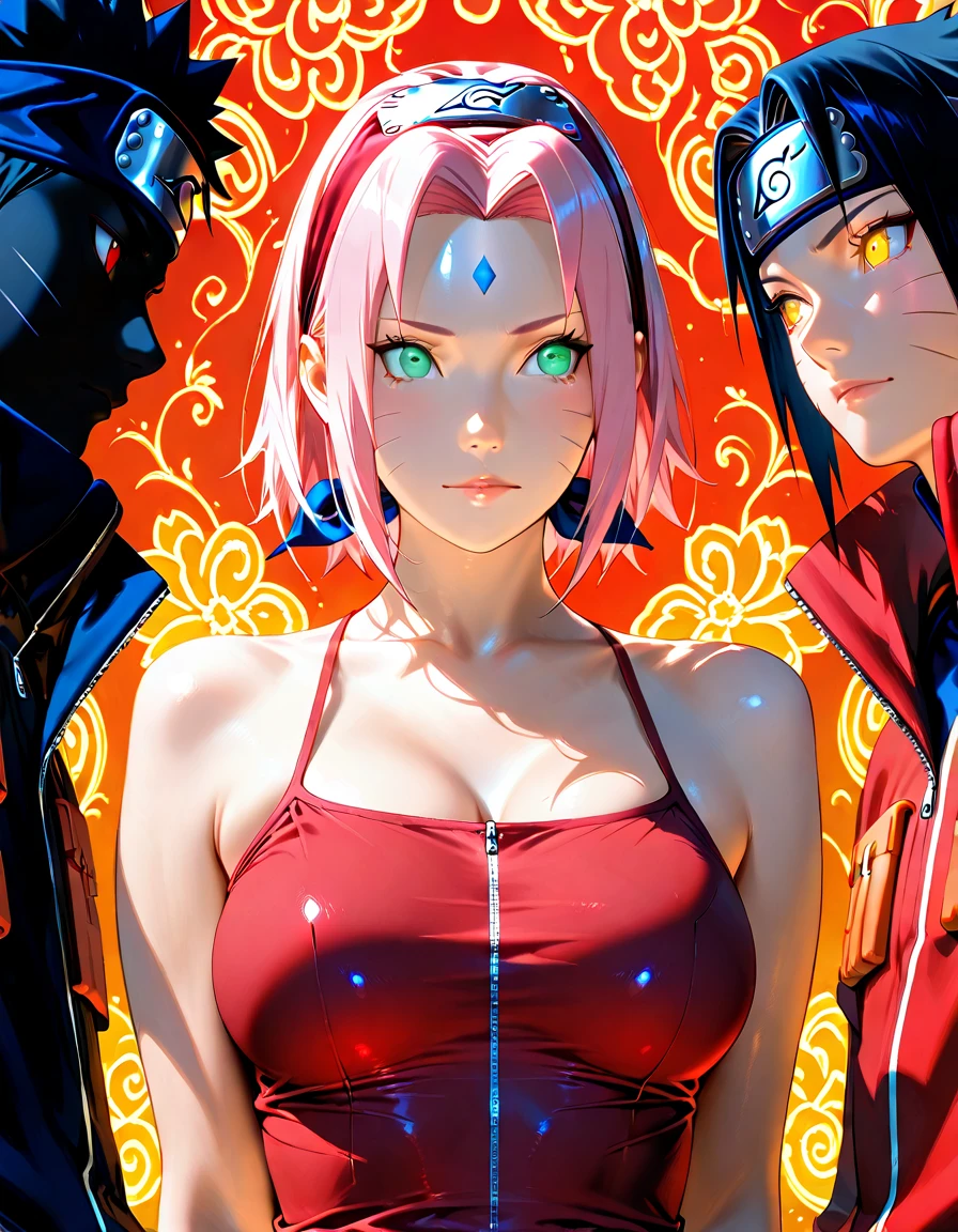 Sakura haruno, anime Naruto shippuden, Showing her breasts, showing her , (( 1 girl)), park, holding her breasts, wet , red sleeveless shirt, pants lowered to the knees, nude