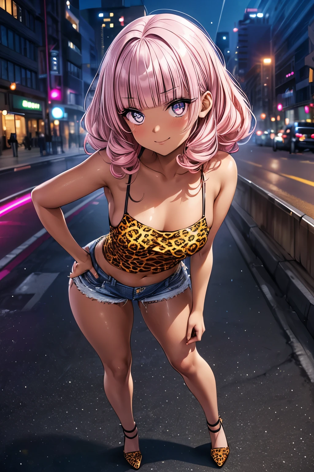 1girl, Baby face:1.5, cute:1.5, petite:1.5,
((dark skin:1.3)),
((leopard print camisole:1.3), (denim shorts)),
(shiny leopard print high heels:1.2),
((pink hair:1.2), (blunt bangs:1.2), (Medium Hair : voluminous hair that stretches a woman's back + Curly hair):1.2),
((small breast:1.3)), ((slim body), stylish, (tall figure)),
((dark eyes:1.3), (droopy eyes:1.4), (eye highlight:1.2), (twinkling eyes:1.2)),
((thick black eyeliner:1.3), (thick bluish eyeshadow:1.3), (False eyelashes:1.3), (thin eyebrows:1.3), (glitter eyeshadow:1.3), (under eyeliner:1.3)),
((Red Light District:1.2), (night cityscape), Mysterious Color Neon Sign, Bewitching Sign, City lights, (bokeh lighting), Bewitching Cityscapes, autumn dusk , realistic shadows, exquisite background ),
(standing, Hands on hips),
(full body:1.2),
(eye level shot:1.2),
break
(blushing:1.3), (smile:1.3),
break
Symmetrical Face, detailed face,
beautiful hair,
double eyelids, Thin eyebrows,
detailed eyes, beautiful eyes on my stomach, Shining Eyes,
glossy lips, beautiful lips,
detailed skin, beautiful skin,
break
(best quality), (master piece:1.3), (ultra detailed), (photorealistic:1.3), 16k, 1080P, Full HD, extremely detailed CG, realistic, anatomically accurate,