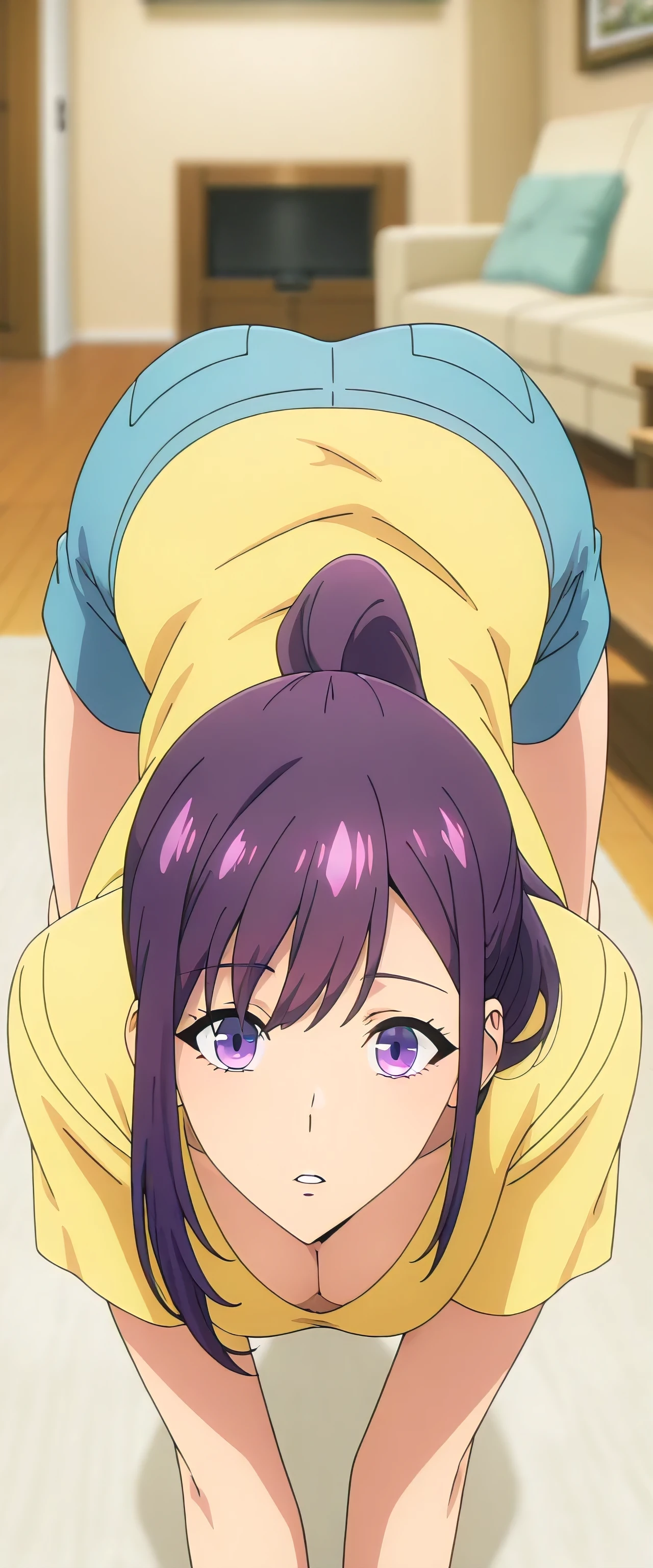 anime screencap, masterpiece, best quality,
1girl, solo, parted lips,
purple hair, purple eyes, high ponytail,
JinahHome, t-shirt, yellow shirt, blue shorts, cleavage, medium breasts,
all fours, looking at the viewer,
indoors, living room, blurry background