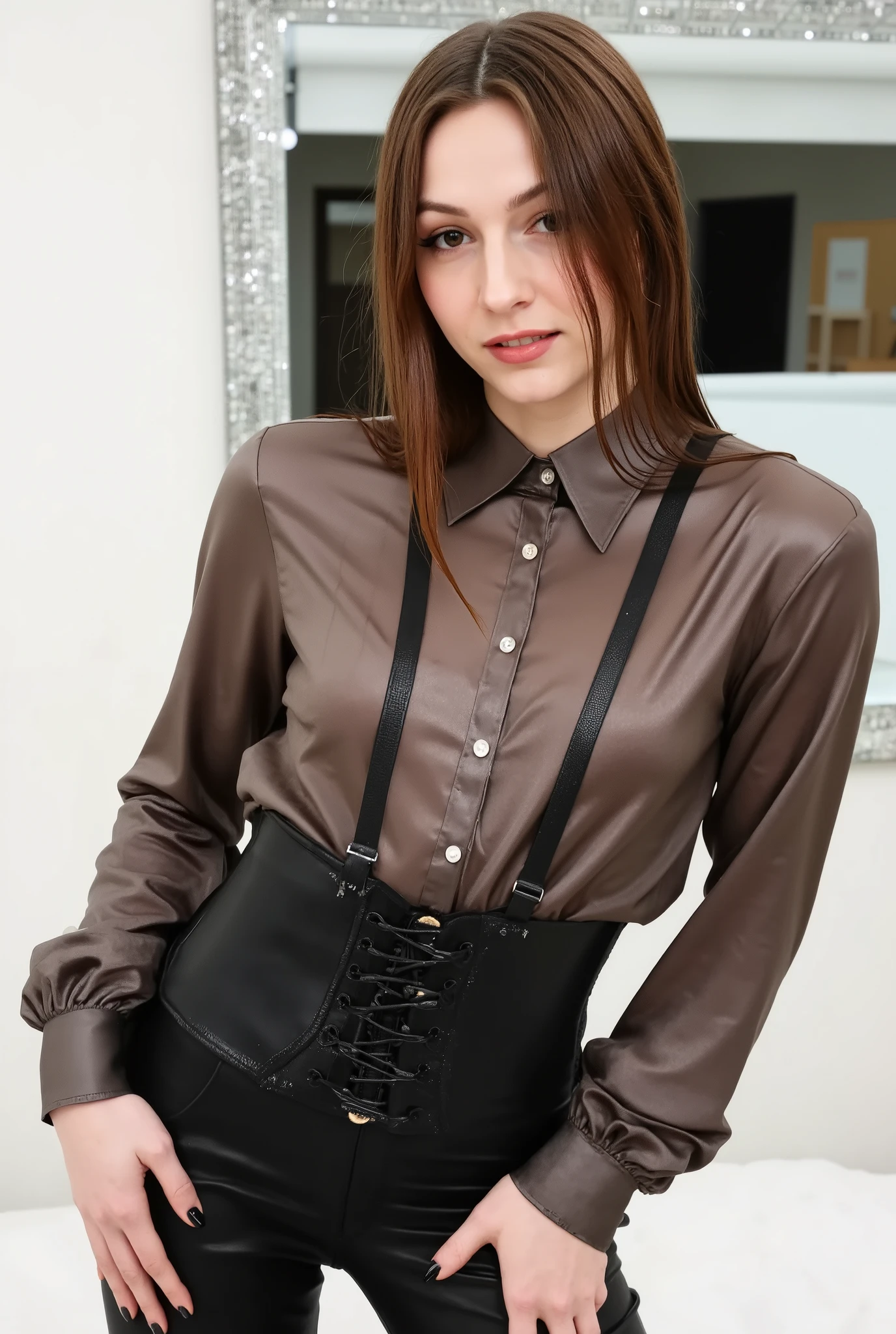 woman, instagram model with a shiny satin button down shirt, leather corset, black leather pants, white studio background