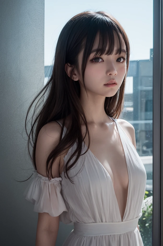 (Photoreal Stick:1.5, masutepiece:1.5, 8K), (top-quality, masterpiece, 超A high resolution), Perfect dynamic composition, Professional camera work:1.4, Highly detailed skin and facial texture:1.3, Mystical portrait:1.3, Grow Light Effect, The ultra-detailliert, 1girl in, ((Night view from inside the building, Pitch black room:0.9, The moonlight at night shines through the glass)), (light golden nightgown), Model body type, Clear face, (Beautiful and seductive eyes:0.9, Enraptured look:1.0, i love you completely:0.8, A mouthfeel that feels beautiful eros:0.7), (Wet dark brown medium hair), candles, the chest is medium, a necklace, (Leaning against the window, Sit up), ((seductiv, Functional))