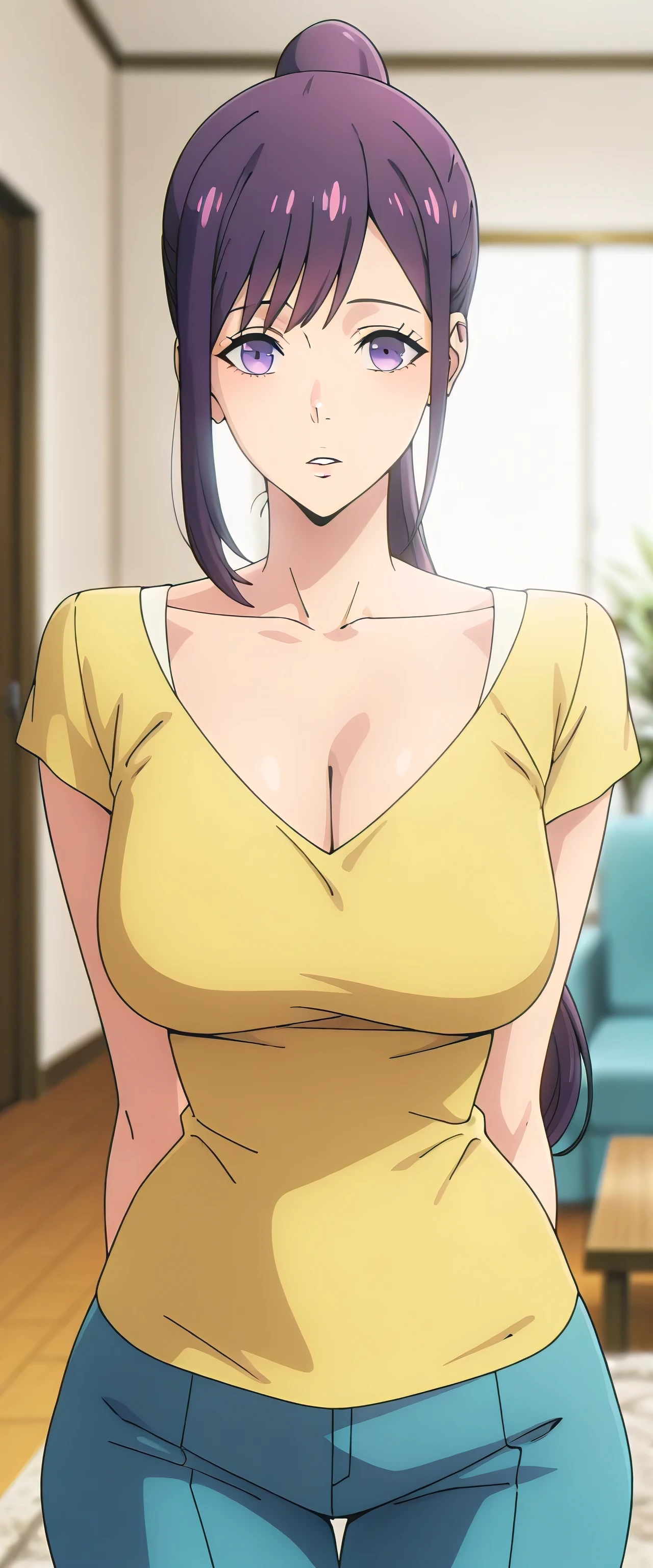 anime screencap, masterpiece, best quality,
masterpiece, Elegant and mature woman, and hinata hyuga, voluptuous long hair, dark brown hair, light brown eyes, tall body, very skinny body, dynamic lighting, high res, absurdres, house, and hinata \(Boruto\) style, Great visual CG, viewer, Thin shoulders, very thin arms, Thin neck , perfect , Extremely sagging breasts, extremely thin waist, extremely wide pelvis, extremely wide hips, Extremely wide thigh gap, slightly thick thighs, cowboy shot, Shoulder-raised, place your hands behind your back, White blouse, Maroon Check Mooney Wide Short Skirt
1girl, solo, parted lips,
purple hair, purple eyes, high ponytail,
JinahHome, t-shirt, yellow shirt, blue shorts, cleavage, medium breasts,
all fours, looking at the viewer,
indoors, living room, blurry background