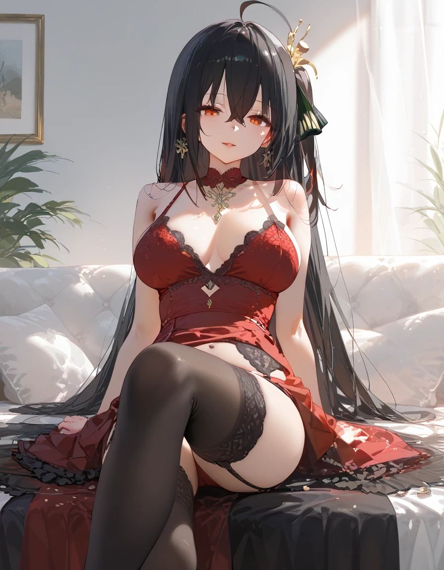 Long hair, black hair, red eyes, revealing outfit, black transparent lingerie, seductive sitting position, big breasts