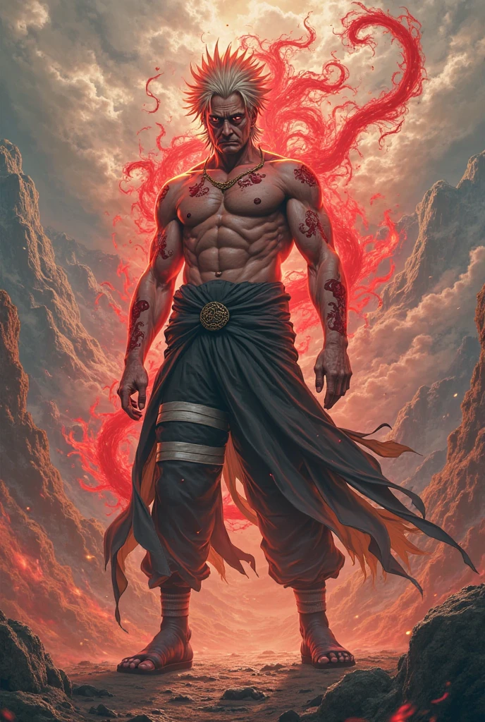 A 2 man, arcane sorcerer doctor of chaotic magic. In attack position. His body is pale white, light gray eyes, short wavy blonde hair, muscular and tall and robust and toned. With scarlet energy around, and scarlet energy emanating from his hands.