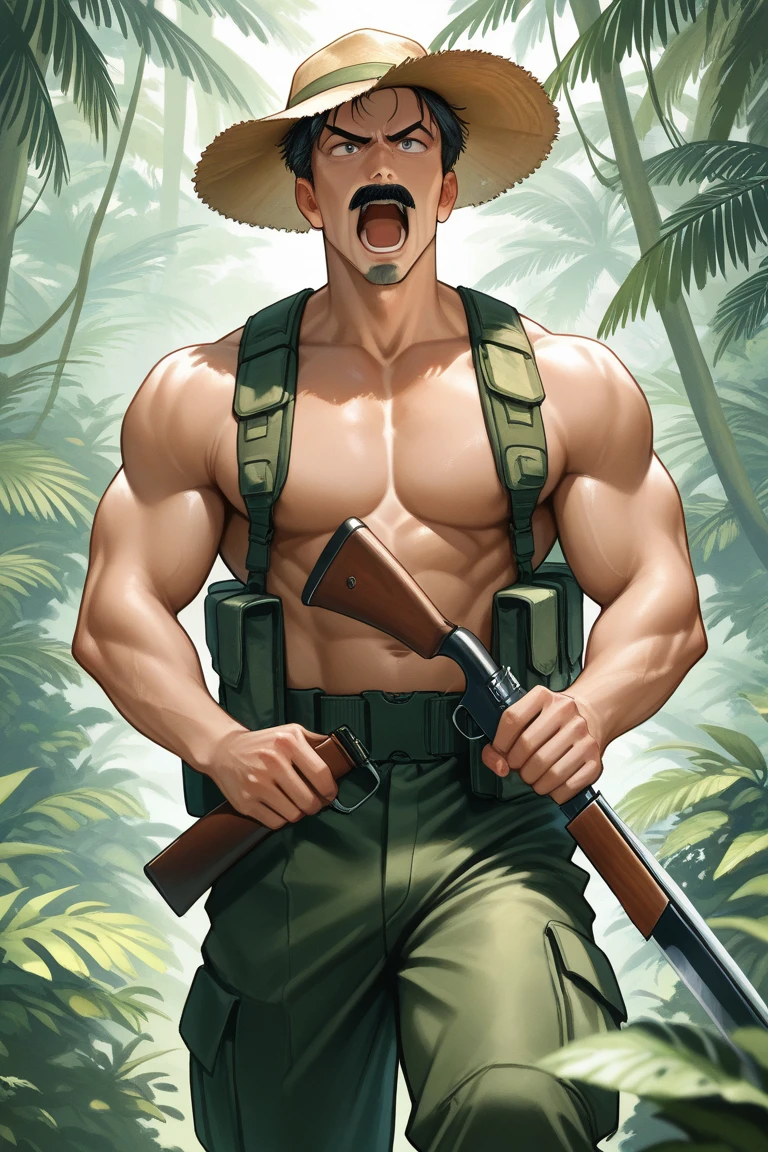 30 years old, big eyes, Chinese male, stubble, white inch, huge muscles, exaggerated muscles, mature man, muscle swelling, bodybuilding, pectoral muscles, abs, in a pumpkin field, plenty of pumpkin, tank top, cargo pants, martin boots, natural light, cowboy hat, hoe, wet body, wheat-colored skin, 1man, tattoo on forearm, squatting position, reflective sunglasses