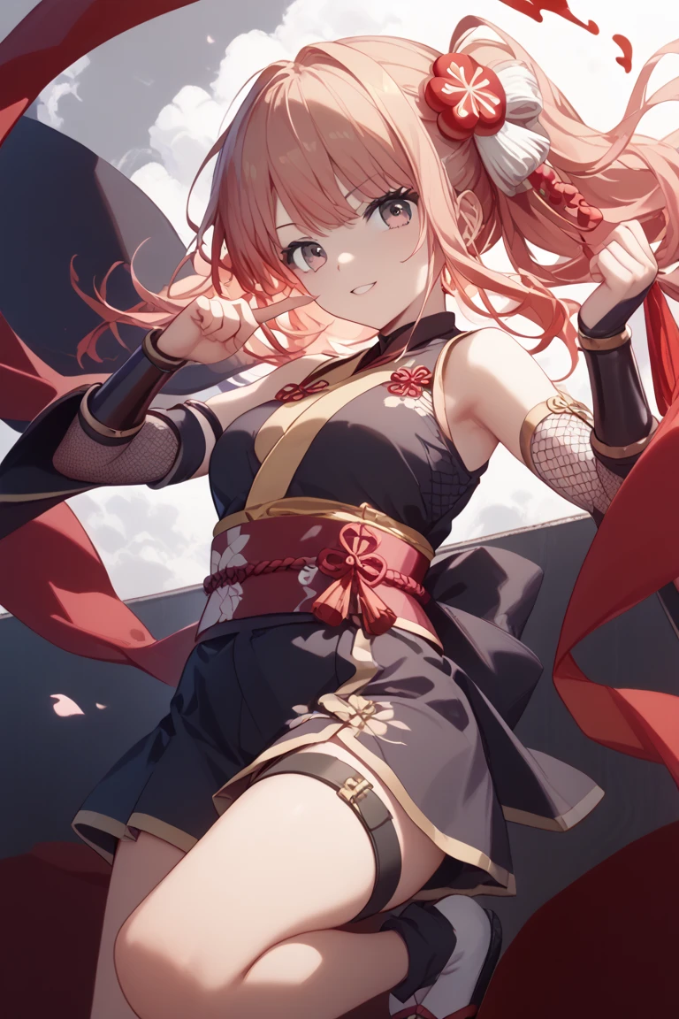 (masterpiece, best quality, detailed), 1girl, solo, looking at viewer, aayui, short hair, single hair bun, red eyes, breasts,
ninja, fishnets, arm guards, japanese clothes, thighhighs, fingerless gloves, sash, forehead protector, hip vent, scarf, outdoors, lightning, rain, cloudy sky, wet, storm, wind, spread arms, outstretched arms, light smile