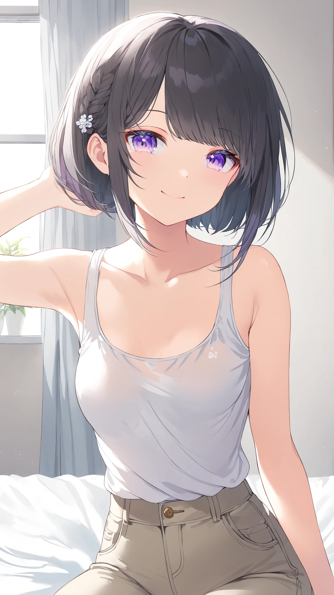 korean young woman, very short black hair made into elegant and cute hairstyle, light purple eyes, small round face, cute smile, small breasts, wearing white tank top and light brown jeans, background is her room in her apartment