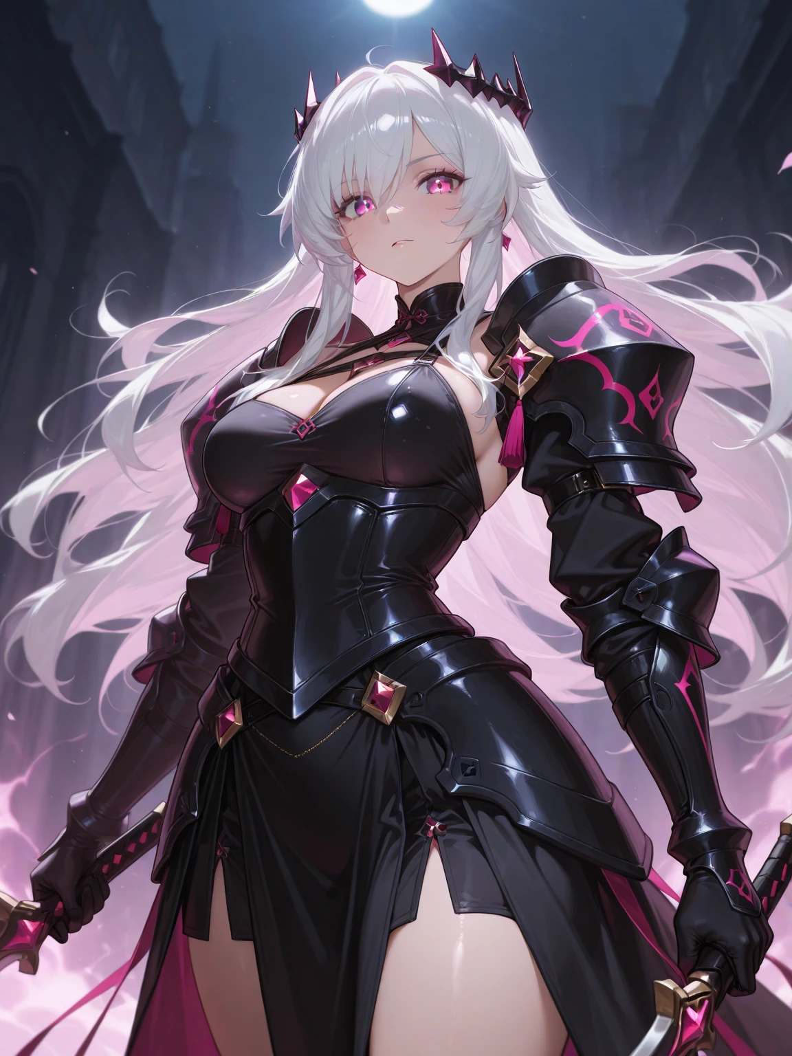 ((Dark Sakura)), ((Sakura Matou)), ((Barefootl)), (Armor), Black Armor, Magical Armor,(High Resolution), (8K), (Very Detailed), (Best Illustration), (Beautiful Detailed Eyes), (Best Quality), (Super Detailed), (Masterpiece), (Wallpaper), (Detailed Face), Solo, (Dynamic Pose), One Girl, White Hair, Medium breasts, long legs, ((Light Armor))