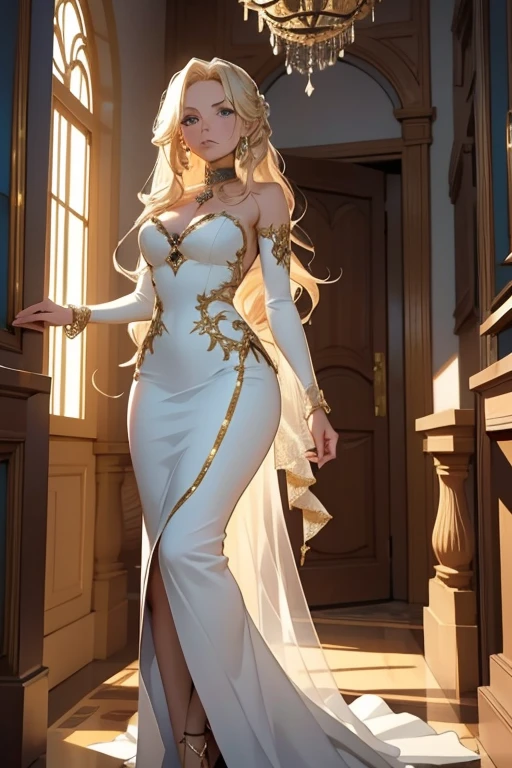 best quality, highly detailed, ultra-detailed, illustration, masterpiece,extremely detailed eyes and face, incredibly_absurd resolution, long hair (blonde hair) , 1girl, wearing a meticulously crafted and luxurious gown showcasing intricate details, exquisite tailoring, and opulent fabrics, slim waist, light smile, whole body, facing towards the viewers, dynamic pose, perfect huge breast, round breast, slim body, princess body