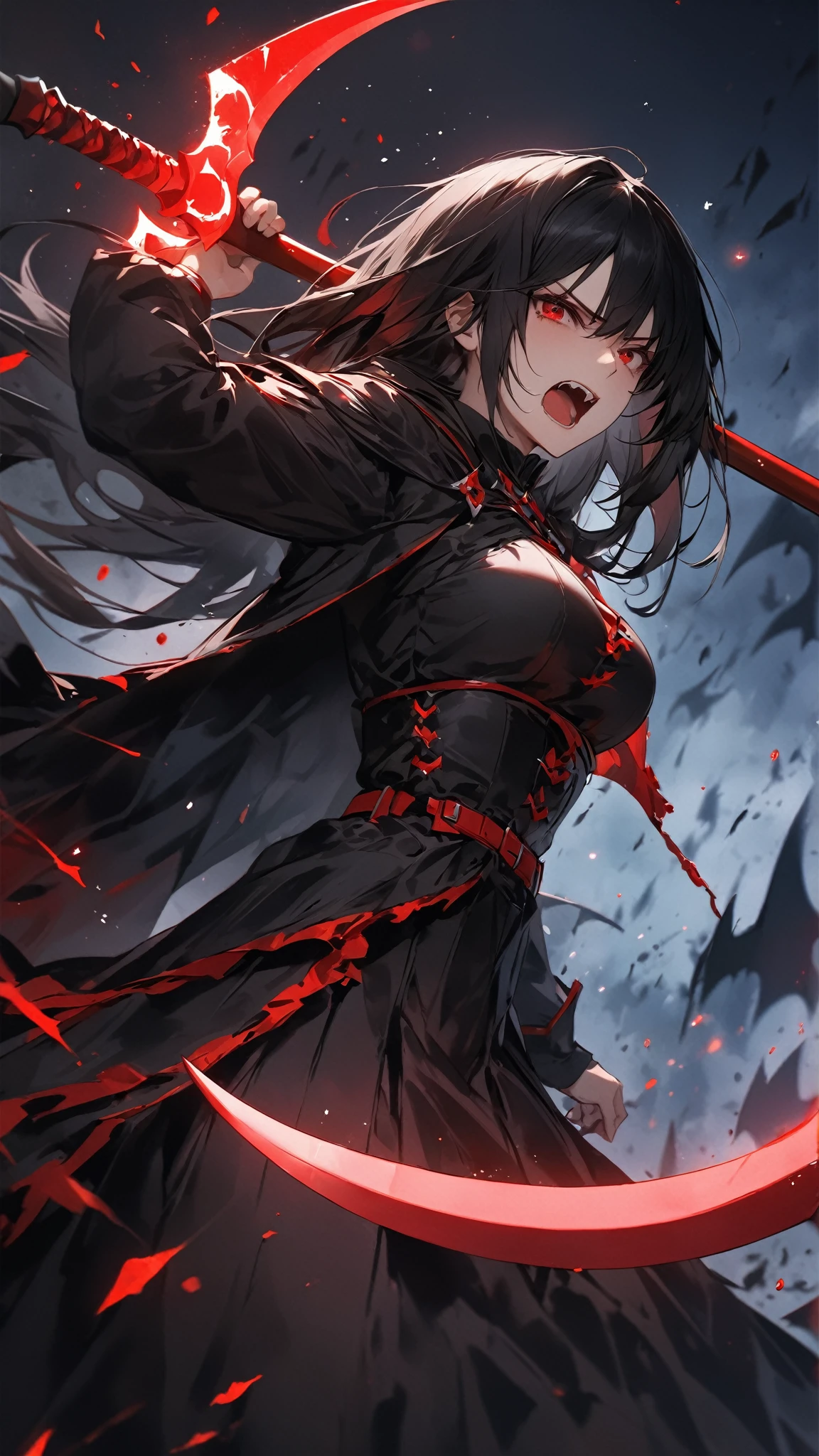 A girl with black hair and red eyes，Wearing a black cloak and heavy black robes，Heavy fog surrounds，She holds a dagger in her hand，Looking at you upright