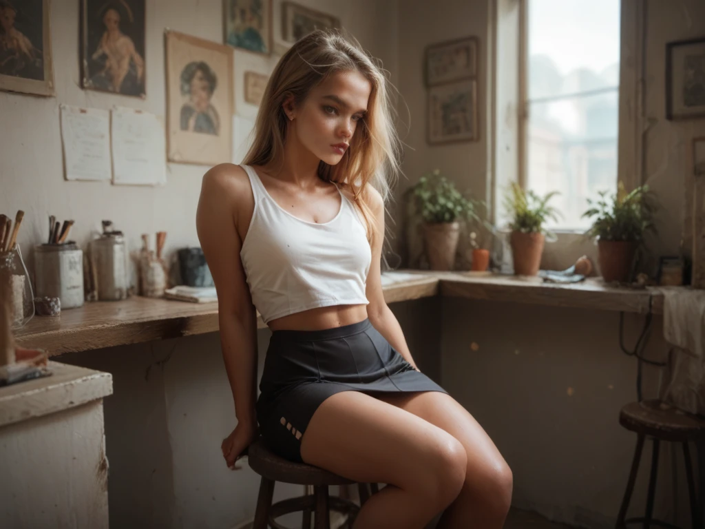realistisches Foto, a realistisches Foto of 18yo Girl wearing leggings, blondes langes Haar, at home, (1 girl), (extrem detailliertes CG Unity 8k-Hintergrundbild), Photo of the most beautiful work of art in the world, professional majestic (Fotografie von Steve McCurry), 8k uhd, dslr, sanfte Beleuchtung, good quality, Filmkorn, Fujifilm XT3 scharfer Fokus, f 5.6, hohe Detailgenauigkeit, scharfer Fokus, dramatisch, (Betrachter betrachten:1.2), (detailed students:1.3), (natural light),