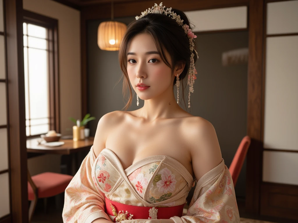 Elegant Japanese geisha with beautiful curves, 28 years old, Height 162cm,
 Plump traditional beauty (92-62-90 cm), Plump E-cup breasts, Slim 62cm waist, Hips 90cm, Oval face，The cheekbones are high, Almond eyes (Dark brown, rgb: 39, 26, 17) Single eyelid, Straight nose, Small lips and plump lips,
 Porcelain white skin (rgb: 248, 240, 232), Elaborate traditional Japanese paper hairstyle，With hairpin (Gold and red), White face makeup with red lips (rgb:
 203, 40, 33) and black eyebrows, Wearing a luxurious crimson furisode kimono
 (rgb: 153, 27, 30) With gold embroidery, Kimono slightly open，Revealing white shoulders and a hint of cleavage, Red belt highlights the waist, Sit gracefully in a sezana posture on the tatami floor, In a high-end traditional teahouse with screens and flower arrangements, Soft diffused light through rice paper screens,
 Artistic portraits emphasize traditional beauty，With a touch of sensuality, Shot with Fujifilm GFX 100S medium format camera, 110mm F/2 lens, ISO 400, 1/60 seconds,
102MP resolution, Note the intricate textures and subtle skin tones - ar 3:4--q 2--s 950--v 6.0--Original style