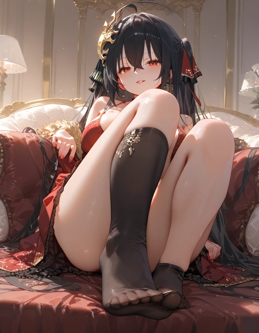 (((8K, masterpiece, best quality, ultra detailed))), HDR, lens flare, particles, chinese gorgeous royal style, A kawaii anime princess on a throne in a palace, (composition close to her), (perfect anatomy), spread legs, lift up skirt, show off panty, ((detailed tight short cheongsam, detailed face, detailed smooth legs skin, detailed eyes, detailed sexy panty, detailed hair)), large breasts, many large presence accessaries, stiletto heel, tiara, hair ornaments, earrings, bracelets, anklets, trinkets, smoky makeup, eyeshadow, heavy makeup,