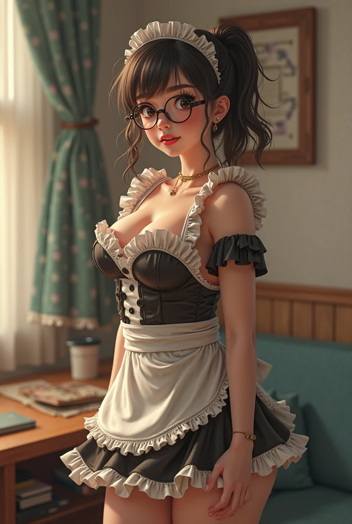 Il y a une femme adulte avec des lunettes,dans une cuisine , préparer le repas, back view, porte un tablier et petite culotte dentelle blanche, cheveux noirs et mèches violettes, oreilles de chat sur la tête, gros seins, belle poitrine , Décolleté important, Avatar de seconde vie, Belle capture d’écran, charme , Seconde vie, Plan rapproché du corps entier , femme séduisante, portant des lunettes noires brillantes