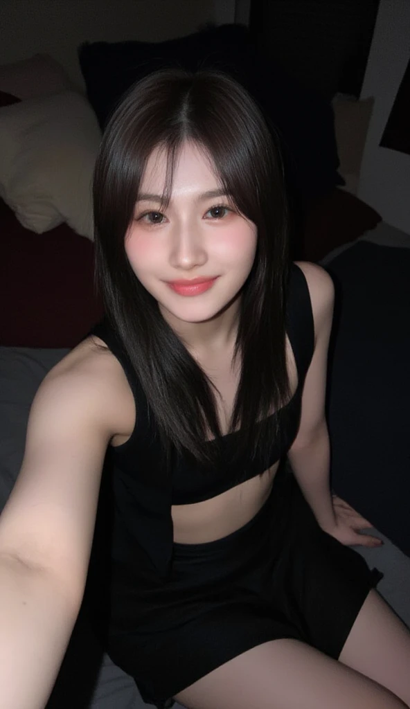 Selfie、Upper Body、Black clothes、Light clothing、Laughing、bed、Lying down、semi-long、Highest quality, figure, Super detailed, In detail, High resolution, 8k wallpaper, Perfect dynamic composition, Beautiful attention to detail, dress,Medium Hair, Small breasts、Natural color lip, Random sexy poses,smile,24-years-old