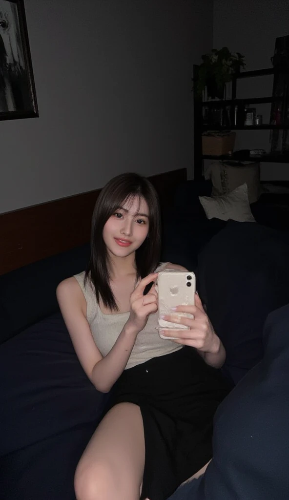 ollarbone,black colors t-shirt,off-shoulder look,bare shoulder,midriff peek,string panties,open mouth,tongue out,cum on tongue,Black sofa,sit,Selfie,looking ahead,from above,flont view,upper body,(1girl,Beautiful 14 year old girl),((Slender,Small breasts,Small face,)),looking at viewer,Black Hair,bangs,one side up,Beautiful and detailed,Mischievous smile,Dimly lit room,Simple Background,Black background,Low lighting
