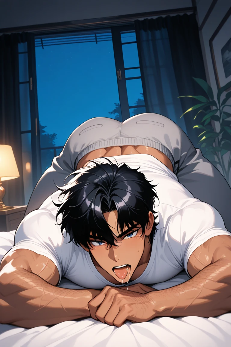 There is also a room to the east of the bedroom
The man lying on the bed fell asleep
His face was flushed
There was a smell of alcohol all over his body
