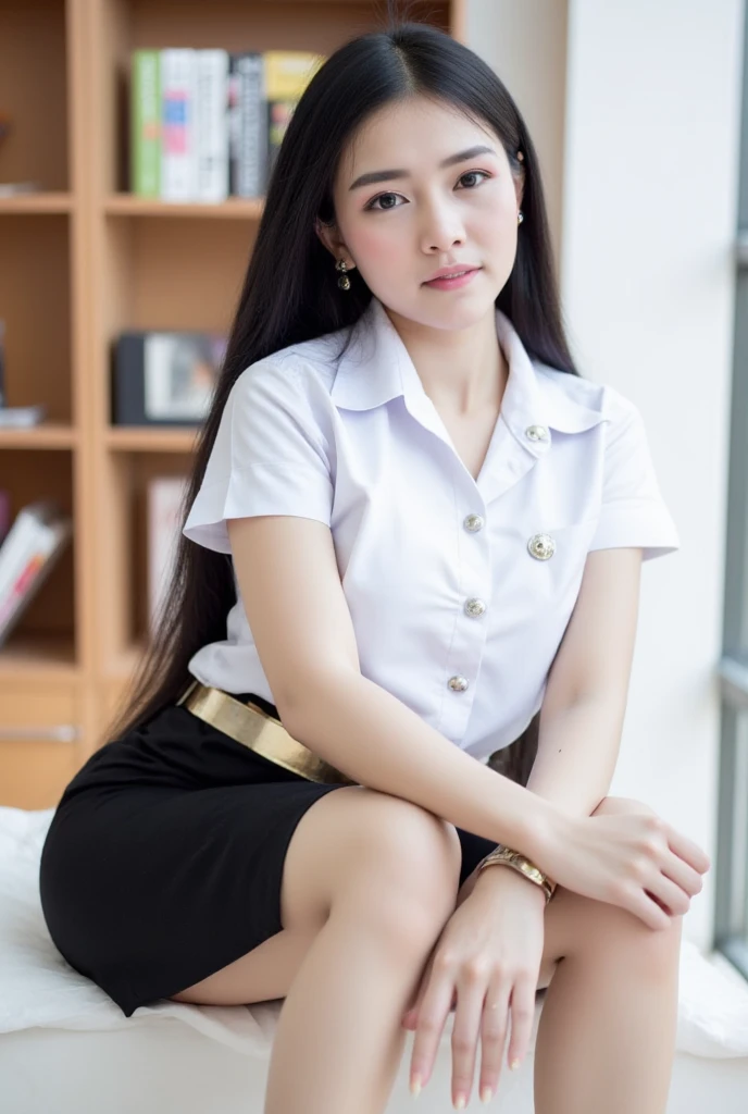 Pretty thai woman Sitting on a wooden chair , (8k, best quality, masterpiece, ultra highres:1.2) Photo of Pretty thai woman beautiful, beautiful enchanting fashion contemporary painting with , (1girl), (white shirt short sleeves), ((black pencil skirt)), belt , , blonde hair, , realistic skin texture , round chin, 85 mm art lens, f 1. 2, sharp focus, 8 k high definition, insanely detailed, intricate, elegant, large breasts, big breasts , black skirt , twin tails hair