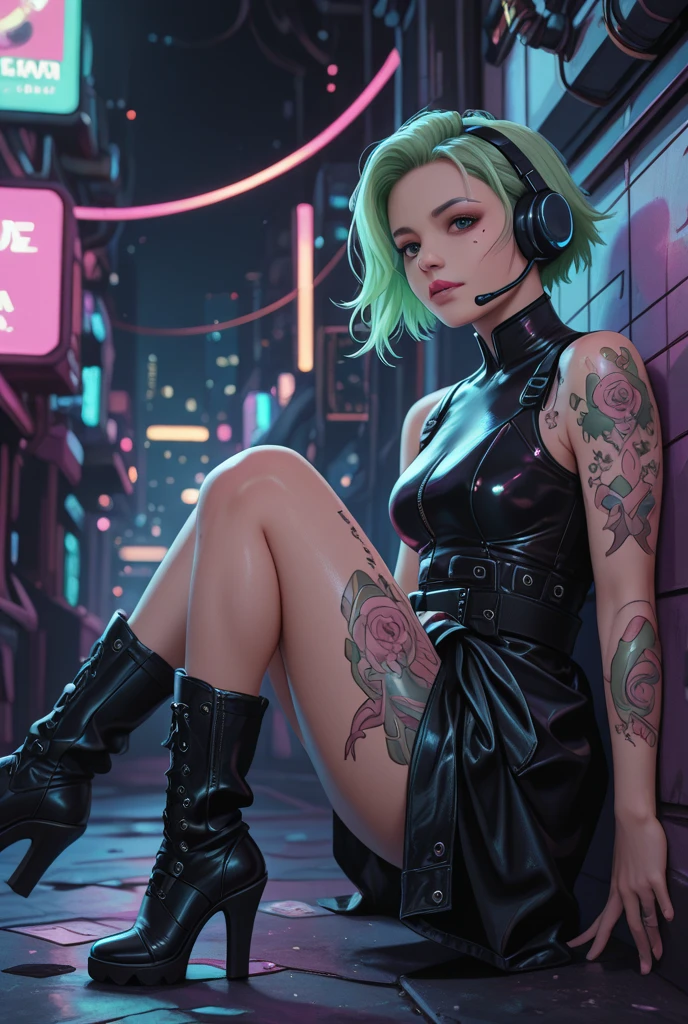 (((of the highest quality: 1.4))),(unparalleled masterpiece ever), (Ultra high definition),(Ultra-realistic 8K CG, camera view from behind), offcial art、 (((adult nude body, accentuated super huge enormously gigantic , cleavage showing, leather corset lace panties and thigh high boots with lots of straps buckles and zippers))), (((1girl in))), ((( Bob Shorthair ))), Punk girl with a perfect body,Beautiful and well-groomed face,Fancy makeup, (Image from head to thigh),((neon green Bob Shorthair )), Simon Bisley's urban savage style luxurious bedroom,Detailed background of luxurious bedroom,Clean abs, Complex graphics, dark pink with white stars and gray and white stripeany poisonous tattoos )), piercings