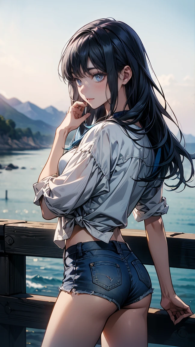 masterpiece, extremery magnificent view, perspective, extremery best quality, extremery detailed CG, 8k wallpaper, high resolution, highly detailed face, highly detailed eyes, perfect anatomy, super detailed skin,
(dynamic angle, dynamic pose:1.2), outdoors, sandy beach, soothing waves, (portrait, legs focus, full body), (beautiful face, beautiful eyes, beautiful legs:1.3),
1 girl, solo, (white blouse), (blue denim pants:1.3), wet blouse, bare shoulder, long sleeves, (skinny jeans pants:1.3), wet pants, large breasts, brown hair, long hair, wavy hair, open forehead, blue eyes, barefoot, skinny, slender, wet, in the water, wide hips, thin waist