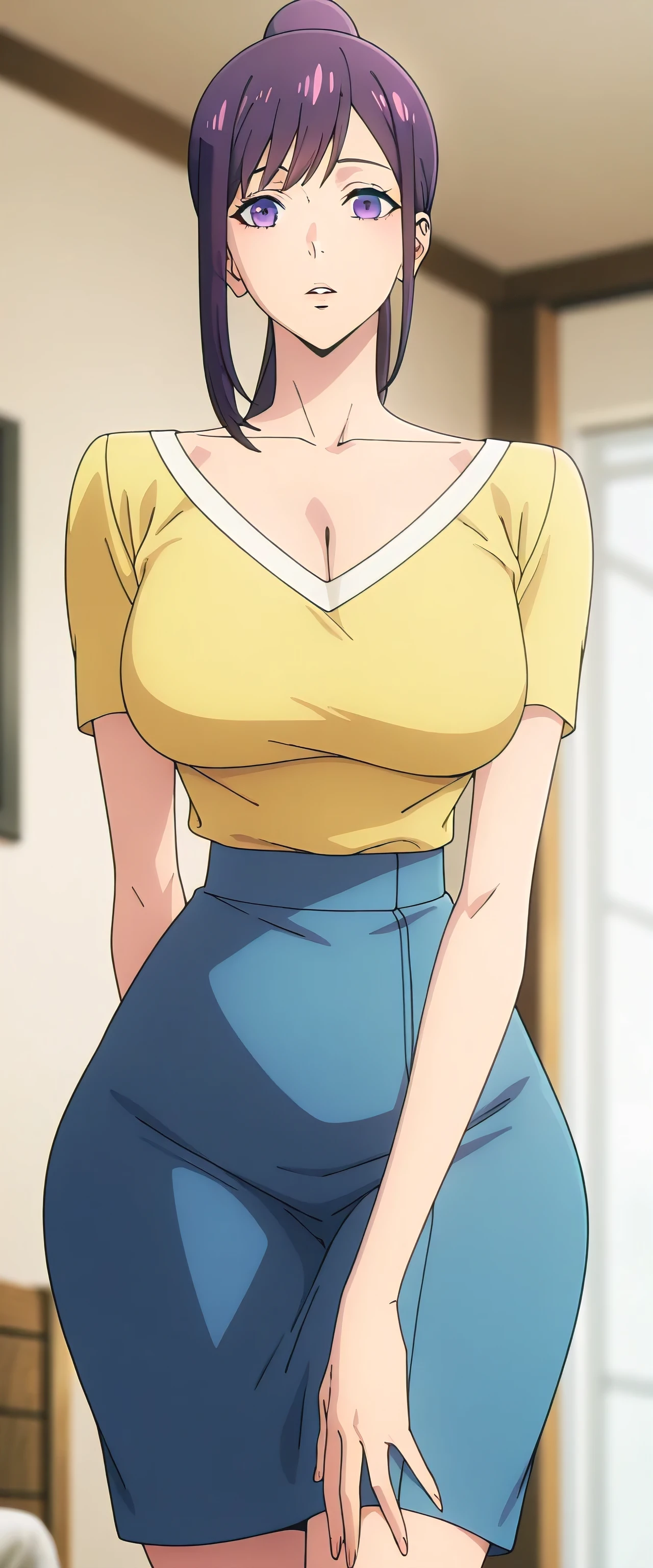 anime screencap, masterpiece, best quality,
masterpiece, Elegant and mature woman, and hinata hyuga, voluptuous long hair, dark brown hair, light brown eyes, tall body, very skinny body, dynamic lighting, high res, absurdres, house, and hinata \(Boruto\) style, Great visual CG, viewer, Thin shoulders, very thin arms, Thin neck , perfect , Extremely sagging breasts, extremely thin waist, extremely wide pelvis, extremely wide hips, Extremely wide thigh gap, slightly thick thighs, cowboy shot, Shoulder-raised, place your hands behind your back, White blouse, Maroon Check Mooney Wide Short Skirt
1girl, solo, parted lips,
purple hair, purple eyes, high ponytail,
JinahHome, t-shirt, yellow shirt, blue shorts, cleavage, medium breasts,
all fours, looking at the viewer,
indoors, living room, blurry background