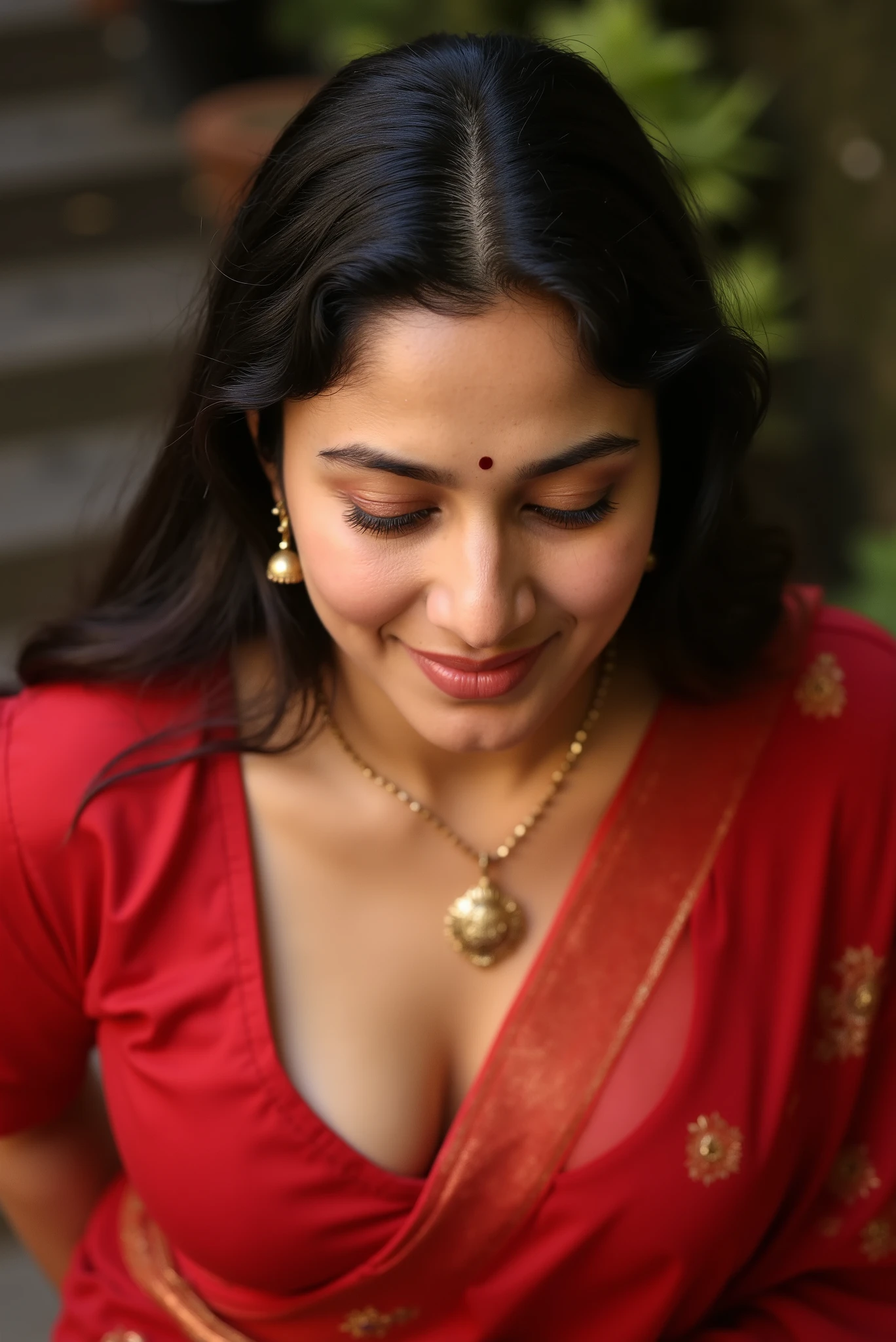 Indian aunty showing cleavage by bending down in sarre, oversized blouse, erotic, seducing, saree, blouse, sexy facial expressions , indian traditional outfits, valley, closeup photography, prime lens cinematic, professional red blouse and blouse is thin we can see her nipples
