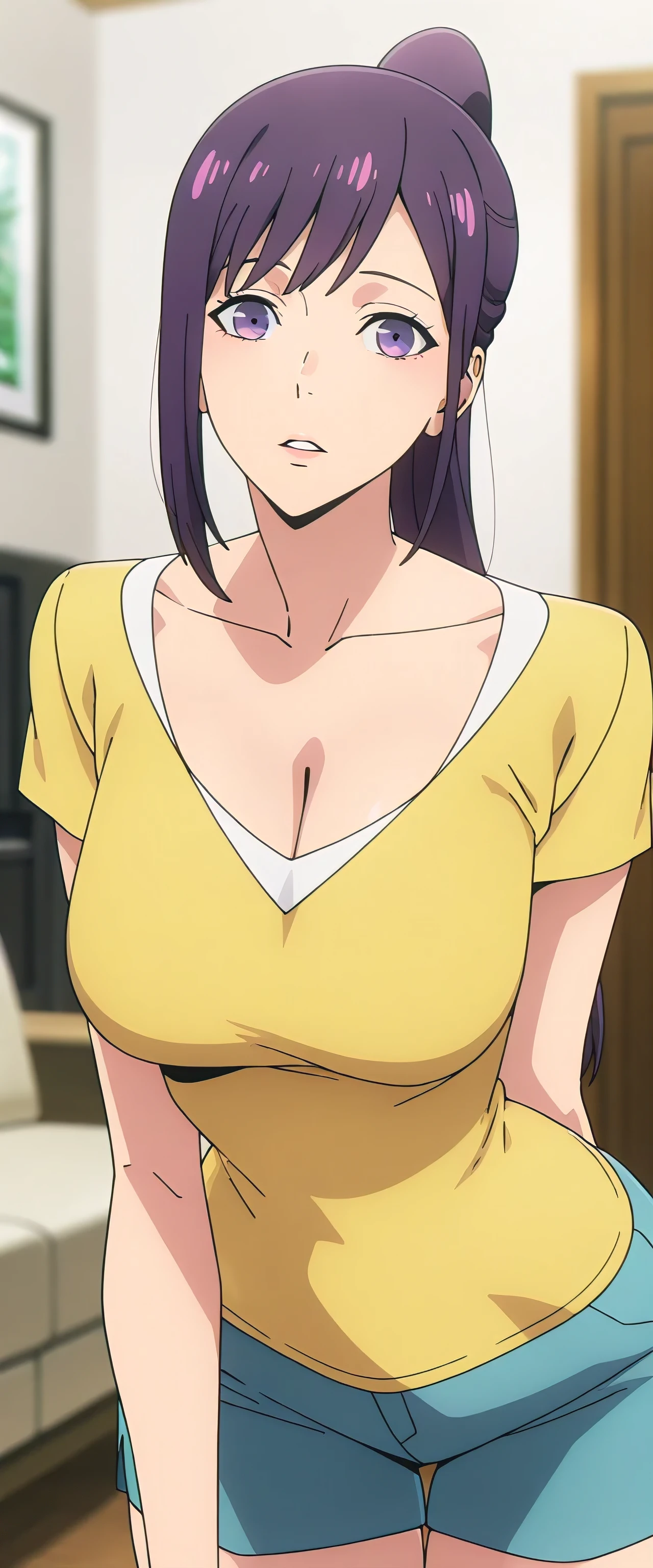 anime screencap, masterpiece, best quality,
masterpiece, Elegant and mature woman, and hinata hyuga, voluptuous long hair, dark brown hair, light brown eyes, tall body, very skinny body, dynamic lighting, high res, absurdres, house, and hinata \(Boruto\) style, Great visual CG, viewer, Thin shoulders, very thin arms, Thin neck , perfect , Extremely sagging breasts, extremely thin waist, extremely wide pelvis, extremely wide hips, Extremely wide thigh gap, slightly thick thighs, cowboy shot, Shoulder-raised, place your hands behind your back, White blouse, Maroon Check Mooney Wide Short Skirt,masterpiece, Elegant and mature woman, and hinata hyuga, voluptuous long hair, dark brown hair, light brown eyes, tall body, very skinny body, dynamic lighting, high res, absurdres, house, and hinata \(Boruto\) style, Great visual CG, viewer, Thin shoulders, very thin arms, Thin neck , perfect , Extremely sagging breasts, extremely thin waist, extremely wide pelvis, extremely wide hips, Extremely wide thigh gap, slightly thick thighs, cowboy shot, Shoulder-raised, place your hands behind your back, White blouse, Ma
1girl, solo, parted lips,
purple hair, purple eyes, high ponytail,
JinahHome, t-shirt, yellow shirt, blue shorts, cleavage, medium breasts,
all fours, looking at the viewer,
indoors, living room, blurry background
