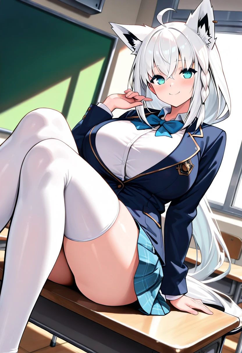 (((Spread your legs、Shooting from below、Lace panties))、(((Accentuate the crotch)))、Highest quality, 8k, masterpiece :1.3)), whole body, Sharp focus :One Girl,Glowing Skin,SSexy pose,Highest quality,Tabletop,shape,Very delicate and beautiful,Hmph,8k壁紙,wonderful,In detail,Official Art,Very detailedなティッカーUnity 8k壁紙,Incredibly ridiculous,Large file size,Very detailedな,High resolution,Very detailed,Beautiful detailed,Realistic,X-ray,The queue is full,(((Uniform Blazer、mini skirt)))、(((Big Breasts、Silver Hair)))、(((School、classroom)))、Stand upright、Cleavage , ((Long silver hair))、Uniform Blazer、Sexy pose、Hairstyle: ponytail、both hands、