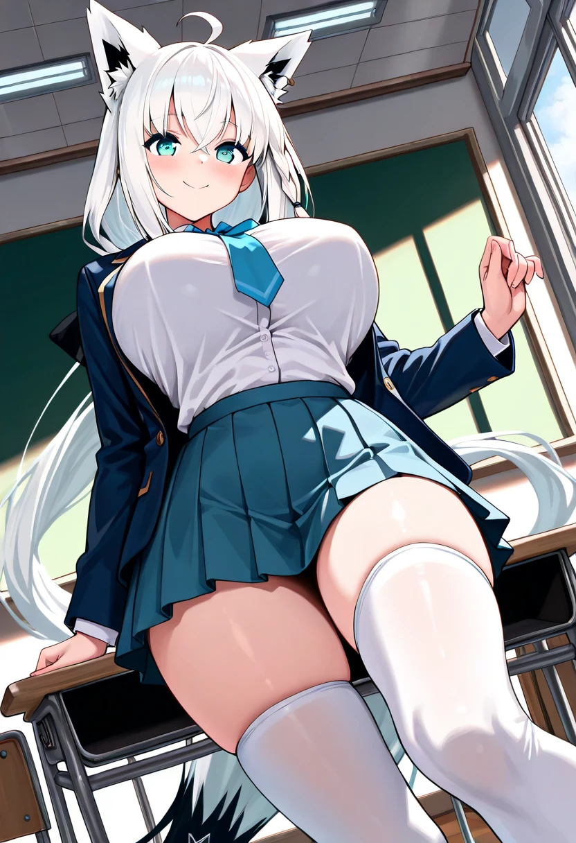 (((Lower Body、Show your ass、Shooting from below))、(((Accentuate your butt)))、Highest quality, 8k, masterpiece :1.3)), whole body, Sharp focus :One Girl,Glowing Skin,SSexy pose,Highest quality,Tabletop,shape,Very delicate and beautiful,Hmph,8k壁紙,wonderful,In detail,Official Art,Very detailedなティッカーUnity 8k壁紙,Incredibly ridiculous,Large file size,Very detailedな,High resolution,Very detailed,Beautiful detailed,Realistic,X-ray,The queue is full,(((Uniform Blazer、mini skirt)))、(((Big Breasts、Silver Hair)))、(((School、classroom)))、Stand upright、Cleavage , ((Long silver hair))、Uniform Blazer、Sexy pose、Hairstyle: Twin tails、both hands、Wearing high socks