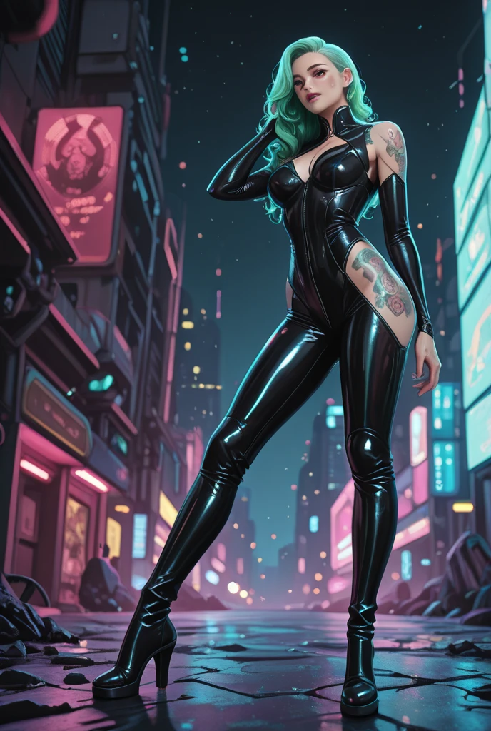 alta resolução, obra-prima, melhor qualidade, 1girl, rebecca \(cyberpunk\), militar,, sitting, roupa futurista, skirt, estilo cyberpunk neon, ao fundo cidade cyberpunk a noite, pele finamente detalhada, seios enormes, ( muito musculosas