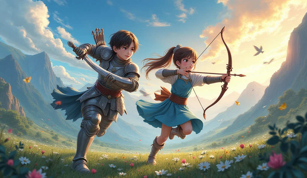 (Two children with adventurous spirits,) (one holding a sword and the other holding a bow,) (setting off on a grand journey through a magical world,)