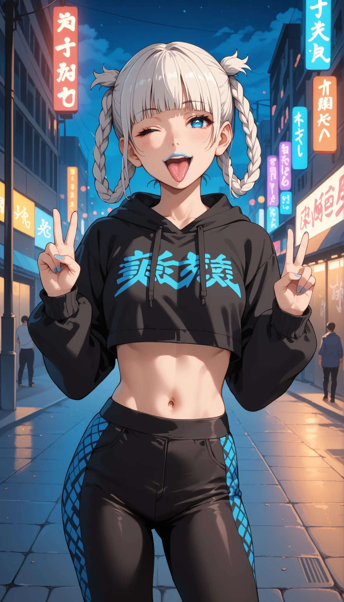 Score_9, score_8_up, score_7_up, score_6_up, source_anime, rating:general, 1girl, kirari momobami, white hair, braided hair (ring braids in hair), blunt bangs, blue eyes, Sanpaku eyes, pale skin, round face, cute face, slender build, medium sized breasts, cute belly button, exposed midriff, cropped hoodie, high waisted leggings, cheeky expression, glossy blue lipstick, subtle edgy touch, standing, urban street at night, neon lights, glowing cityscape, colorful lights, graffiti walls, foggy effects, edgy atmosphere, soft lighting, vivid colours, masterpiece, 8k quality, exaggerated pose, rawr, tongue, wink, ahegao expression, orgasmic expression, peace fingers