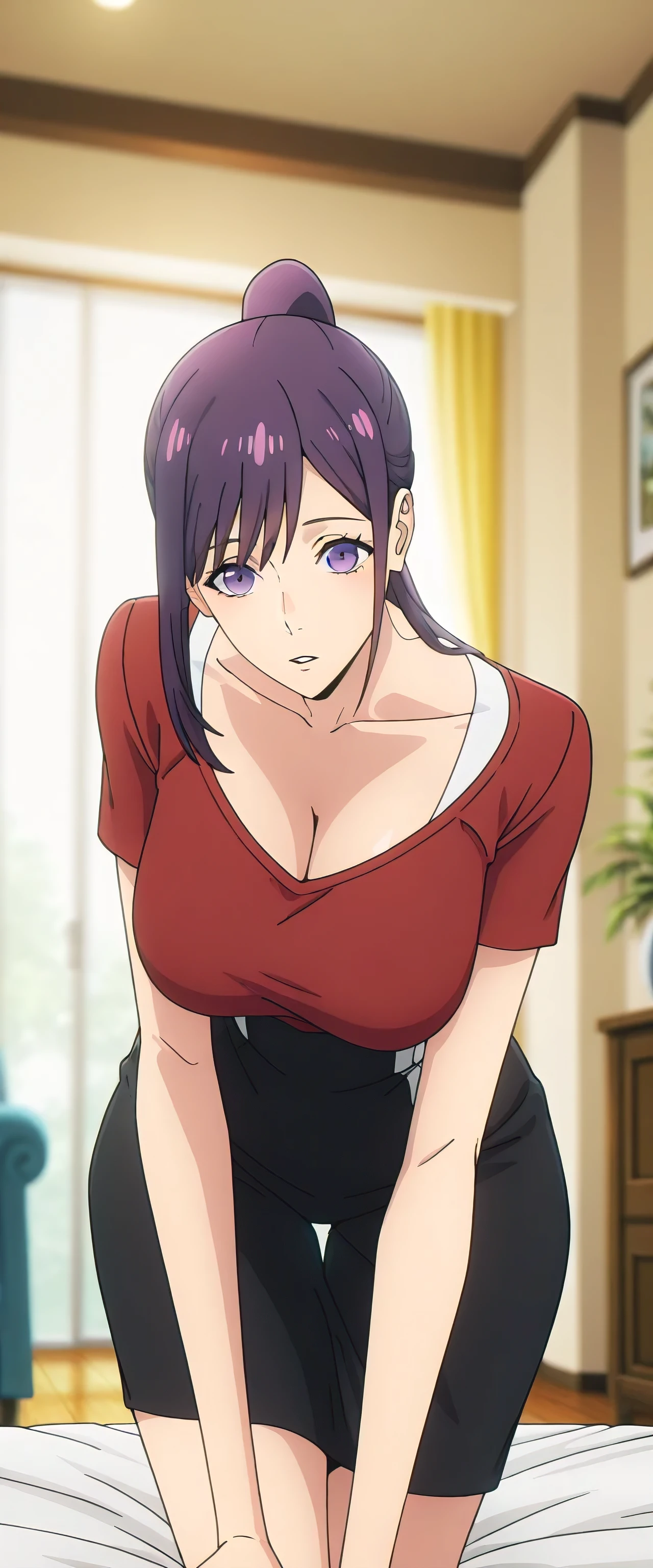 anime screencap, masterpiece, best quality,
masterpiece, Elegant and mature woman, and hinata hyuga, voluptuous long hair, dark brown hair, light brown eyes, tall body, very skinny body, dynamic lighting, high res, absurdres, house, and hinata \(Boruto\) style, Great visual CG, viewer, Thin shoulders, very thin arms, Thin neck , perfect , Extremely sagging breasts, extremely thin waist, extremely wide pelvis, extremely wide hips, Extremely wide thigh gap, slightly thick thighs, cowboy shot, Shoulder-raised, place your hands behind your back, White blouse, Maroon Check Mooney Wide Short Skirt
1girl, solo, parted lips,
purple hair, purple eyes, high ponytail,
JinahHome, t-shirt, red shirt, black shorts, cleavage, medium breasts, tight breast,
all fours, looking at the viewer,
indoors, living room, blurry background