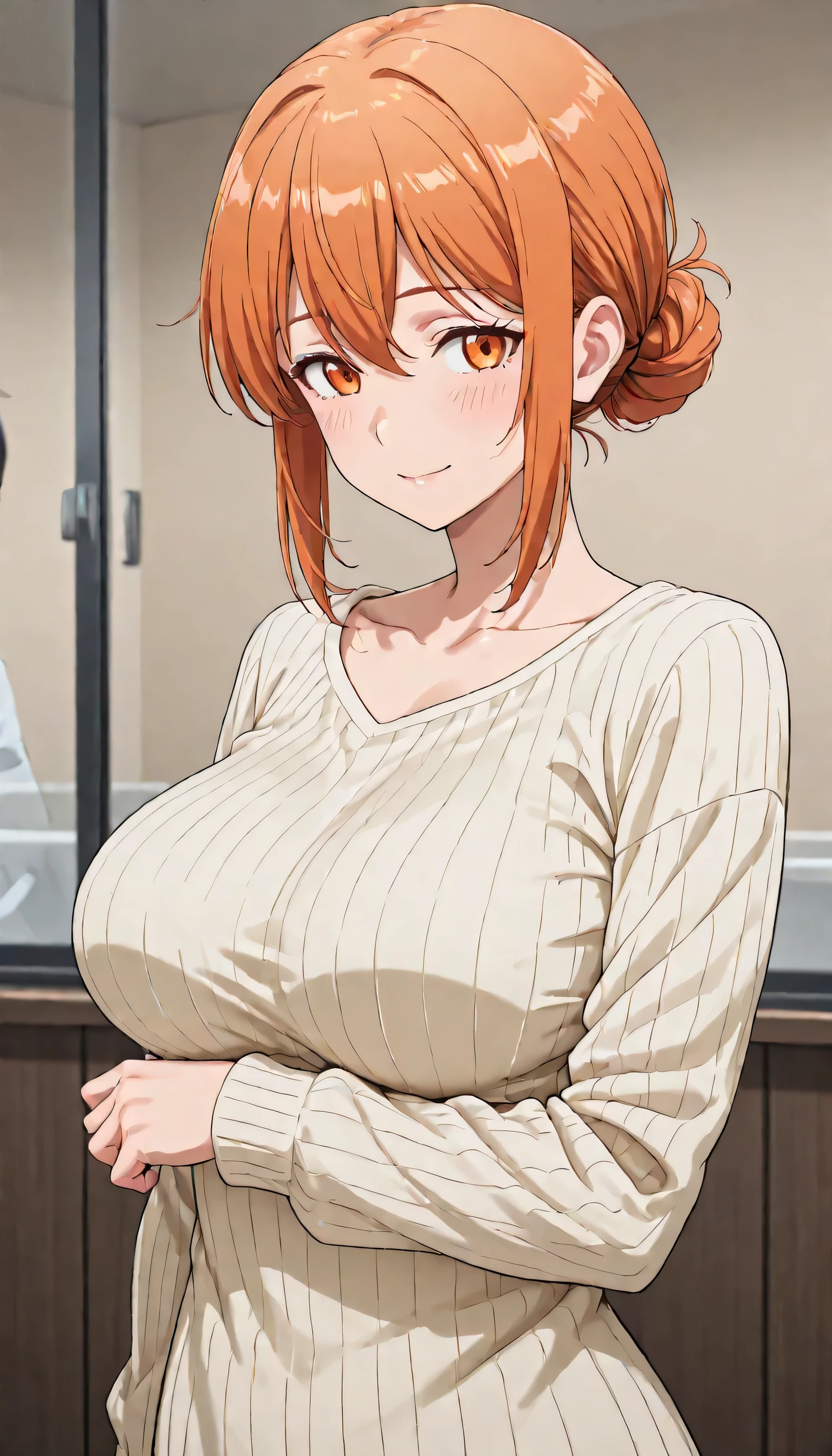 score_9, score_8_up , score_7_up , ,Max Masterpiece、Highest Quality、illustrations、Super fine、、high image quality、 8k Wallpaper、perfect dynamic composition、 saggy due to motherhood、yuigahamama, hair bun, mature female, orange eyes, orange hair, short hair, single hair bun, hair between eyes, sidelocks,