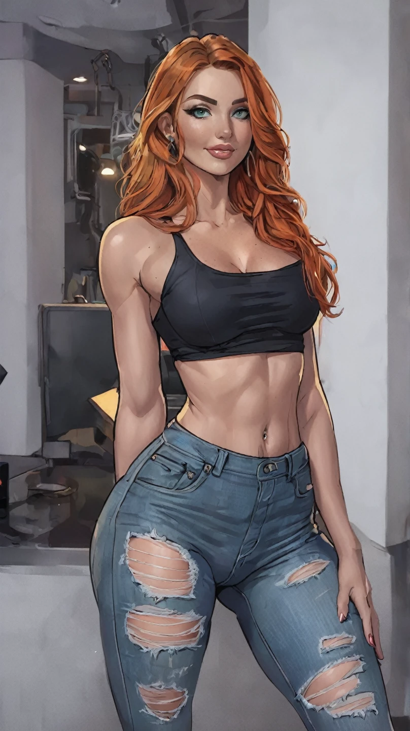 ((Masterpiece)), ((Best Quality)), Ultra High Resolution, HDR, absurderes, 8K, (1 girl), intricate details, ultra-detailed, dramatic lighting, blushing, shy face, green eyes, short ginger hair, wavy hair, (wearing a black bikini, jean shorts and a beach hat), in a restaurant, gorgeous girl, small size breasts, gorgeous body, glossy skin, vivid colors, full body view, detailed illustration, detail background, shy, feminine, professional artwork, big thighs, cleavage, small waist, wide hips, short hair, very small breasts