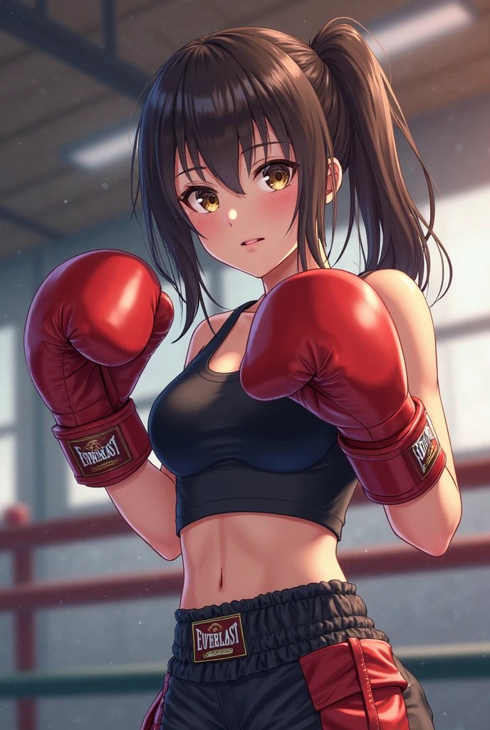 1lady solo standing, (sparring with sandbag), (dynamic posing), (stylish boxing outfit), (T-shirt) (sporty shorts), mature female, /(reddish brown hair/) bangs (messy hair), light smile, open mouth, (teeth:0.8), (masterpiece best quality:1.2) delicate illustration ultra-detailed, large breasts BREAK (wearing glove), (motion blur:1.2), (blurred glove:1.2) BREAK (boxing gym) indoors, (sandbag hanging from ceiling), noon, crowded, detailed background