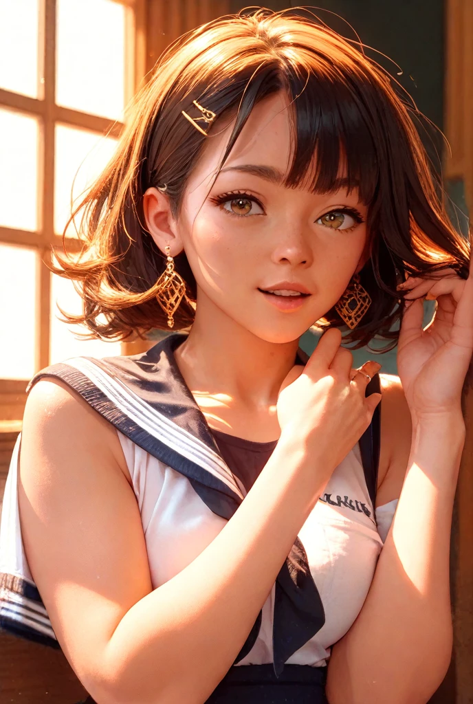 (NSFW),(((Superstar:1.3)))、best angle of view, drooing eyes、Glamorous、Professional Woman Photography、Lover's perspective, Gentle sister、Beautiful mafia tanned woman photo, ((Punk style)), ((blue and gold hoodie, ripped pale jeans,pink buckle、Peach-colored hair)), Realistic, Beautiful lips, Brown eyes, of the highest quality, Ultra Detail, trending on artstationh, Mature beautiful face,winc