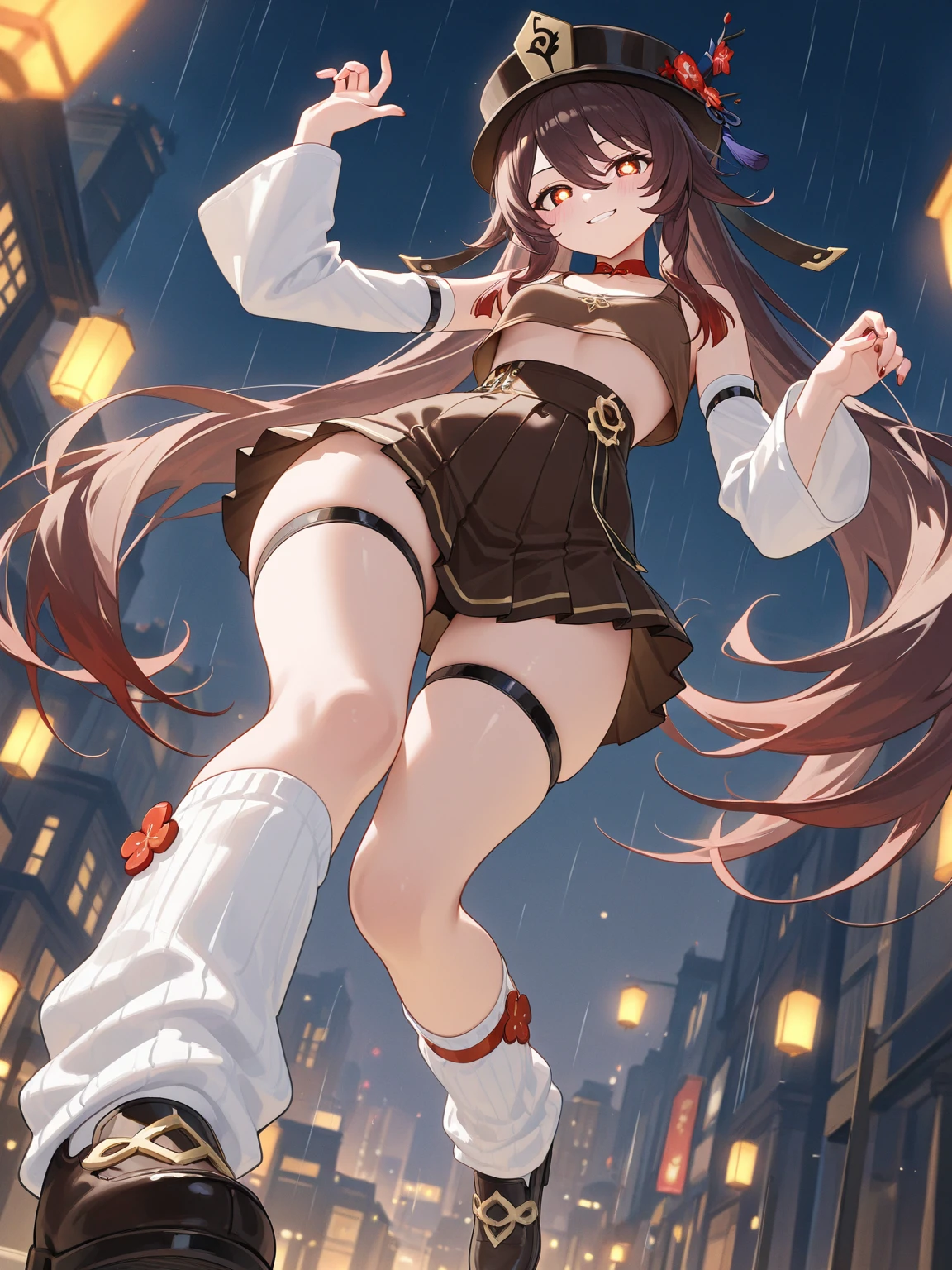 masterpiece, Highest quality, 8K, Pixel Art, ((One woman)), whole body, fine, fineな顔, Chinese clothing, Brown Hair, Ring-shaped hair, Twin tails, Roundhouse kick, legs raised high, kick trajectory, effect, 炎のeffect, 派手なeffect, Get a gacha character
