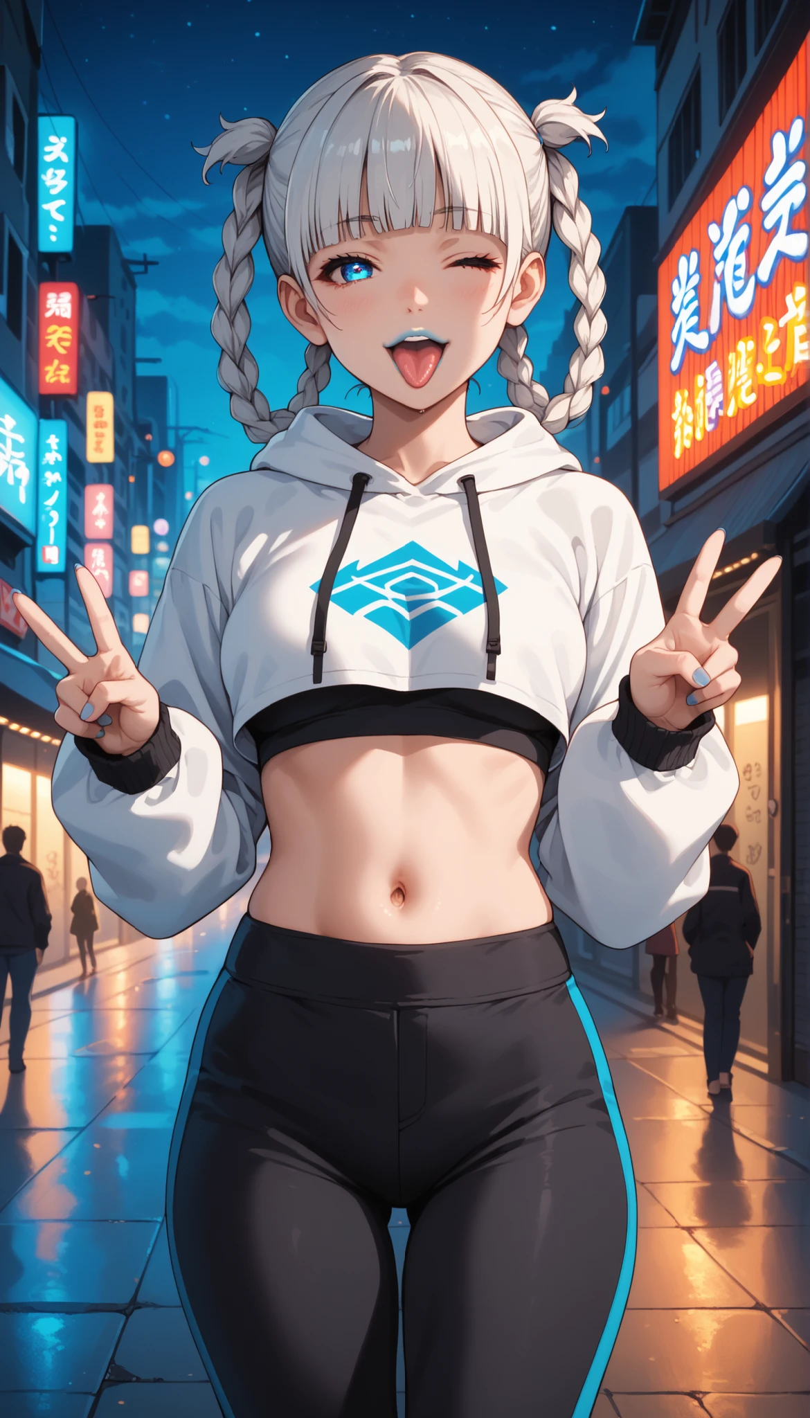 Score_9, score_8_up, score_7_up, score_6_up, source_anime, rating:general, 1girl, kirari momobami, white hair, braided hair (ring braids in hair), blunt bangs, blue eyes, Sanpaku eyes, pale skin, round face, cute face, slender build, medium sized breasts, cute belly button, exposed midriff, cropped hoodie, high waisted yoga pants, cheeky expression, glossy blue lipstick, subtle edgy touch, standing, urban street at night, neon lights, glowing cityscape, colorful lights, graffiti walls, foggy effects, edgy atmosphere, soft lighting, vivid colours, masterpiece, 8k quality, exaggerated pose, rawr, tongue, wink, ahegao expression, orgasmic expression, peace fingers