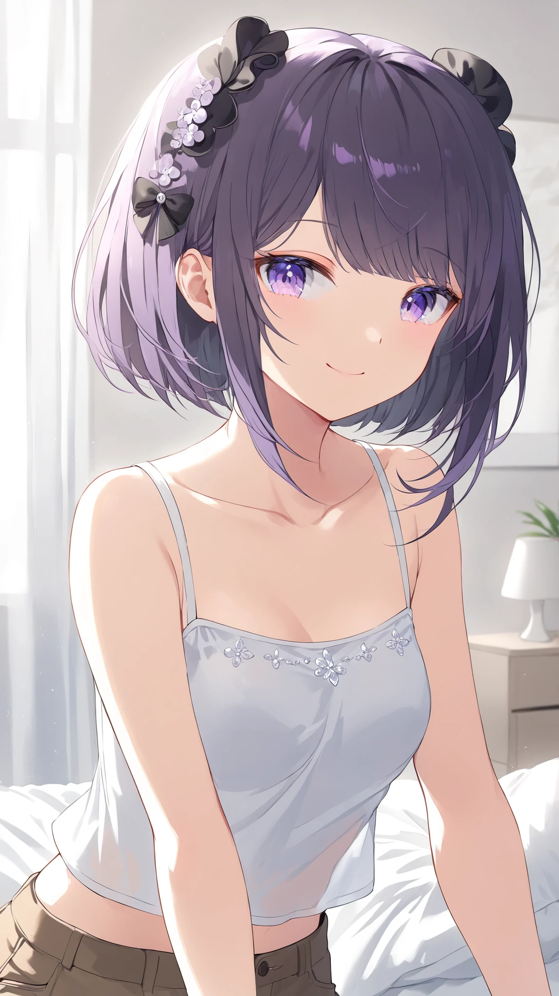 korean young woman, very short dark black with little bit of dark purple hair made into elegant and cute hairstyle, light purple eyes, small round face, cute smile, small breasts, wearing white tank square-shaped top and brown jeans, background is her room in her apartment