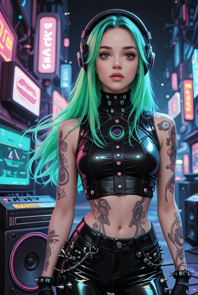 uma mulher com hair green e tatuagens, cyberpunk woman anime woman, pants, Beautiful angry cyberpunk goddess, cyberpunk artstyle, cyberpunk anime digital art, cyberpunk anime art, Arcane, portraite, cyberpunk anime art, cyberpunk themed art, cyberpunk dark fantasy, arcane style, 1 girl, stars tattoo on arm, asymmetrical bangs, bangss, hair green, green braids, brown shirt, stars tattoo, sideways, hair green, long hair, pink eyes, Red lips, standing , cloud tattoo, Twin braids. Arcane Jinx. Garota de hair green, garota de Twin braids, a girl in a burning place, spark, spheres of light, Film Poster, Arcane\(league of legends\