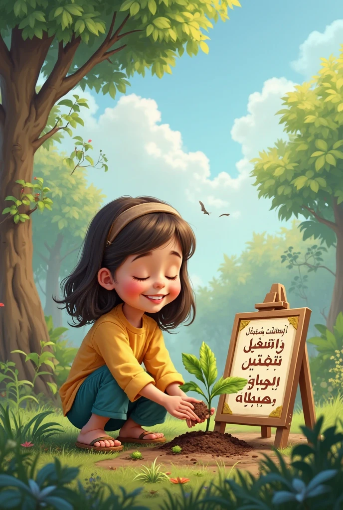 Realistic Karikatur, A women wearing hijab, blue color hijab, wearing black graduation hat, wearing pastel blue graduation hood with yellow color on the edge, wearing black graduation gown, Long graduation gown that covers the ankles, wearing shoes, bicycle background with flower basket, flower garden background , kawaii theme designs, kawaii poses